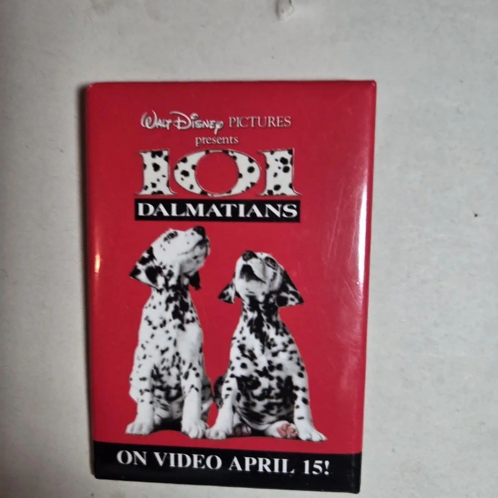Disney 101 Dalmatians On Video April 15 Rectangular Metal Pinback Button Red